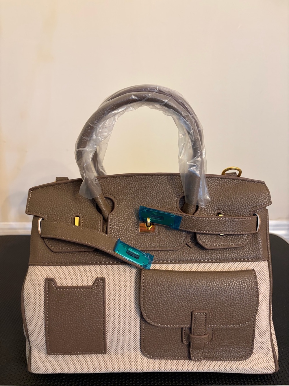 30cm Vegan Leather Taupe and Cream Structured Satchel Handbag - Women's Tote